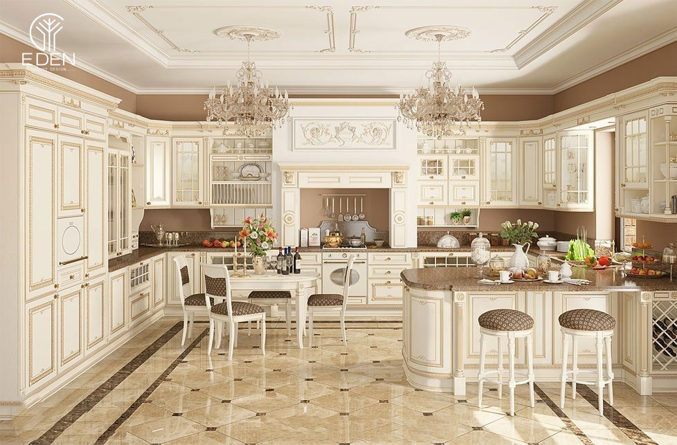 Phòng bếp cổ điển với tông màu trắng sang trọng