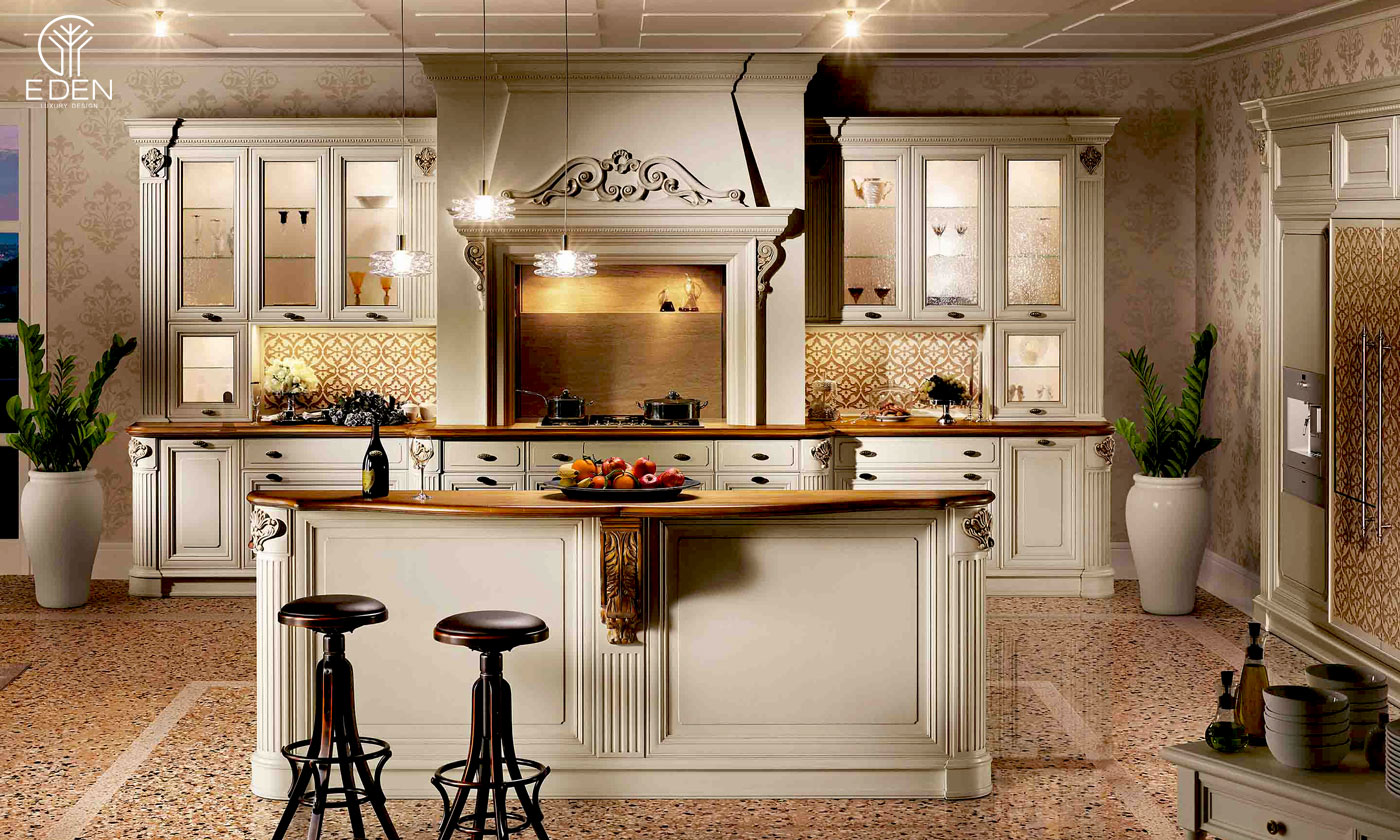 Quầy bar kết hợp đẹp mắt trong phòng bếp cổ điển