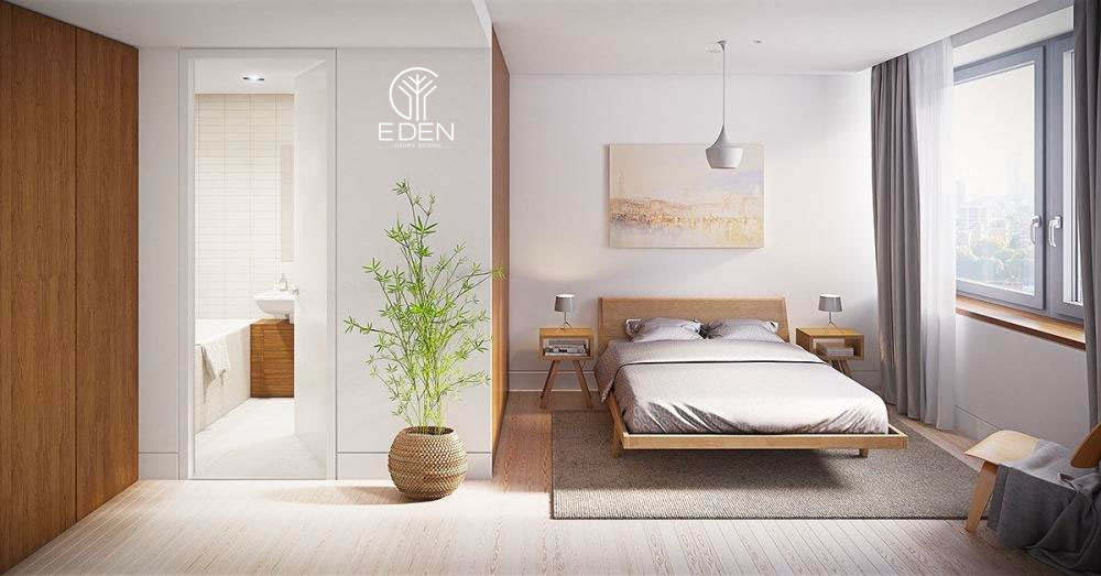 Không gian phòng ngủ với tone xám trắng chủ đạo cùng nội thất bằng gỗ