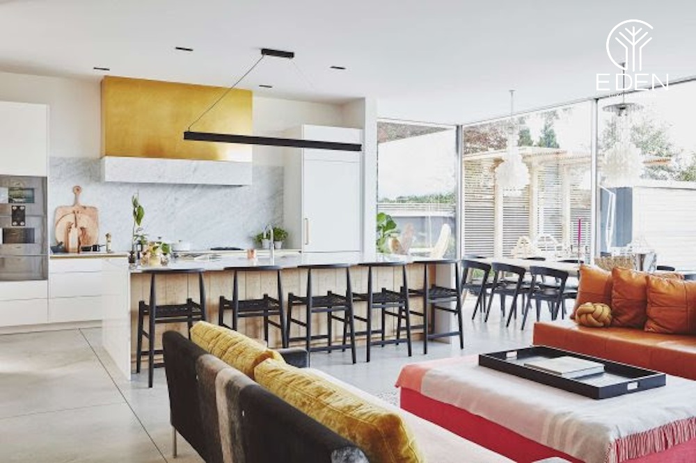 Thiết kế phòng khách liền bếp 20m2 giúp lấy ánh sáng dễ dàng