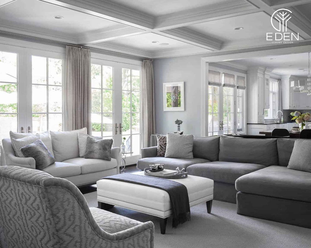Bạn nghĩ sao về một bộ sofa màu xám trong không gian phòng khách màu trắng?