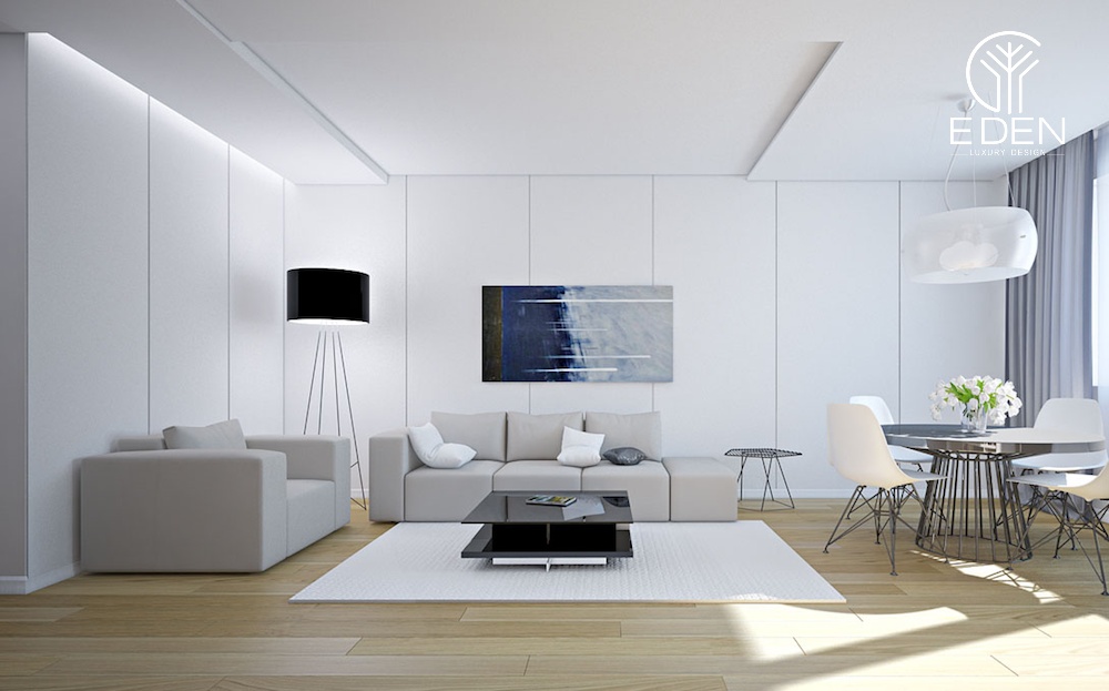 Mẫu thiết kế nội thất tối giản cho phòng khách màu trắng