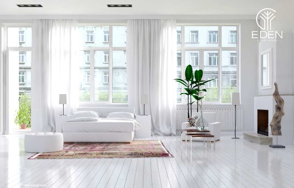 Tone màu trắng tạo sự thông thoáng và rộng rãi cho phòng khách