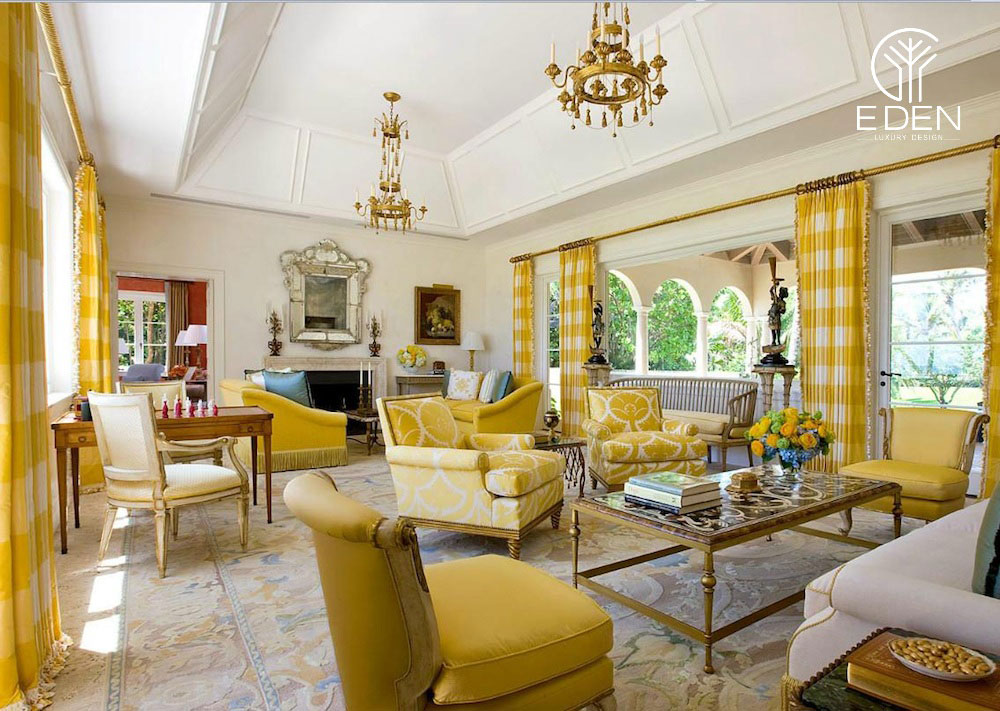 Đồ nội thất màu vàng làm cho không gian phòng khách sáng sủa, tươi mới hơn rất nhiều