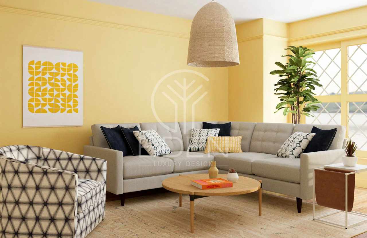 Phòng khách màu vàng với thiết kế nội thất rực rỡ, tươi sáng