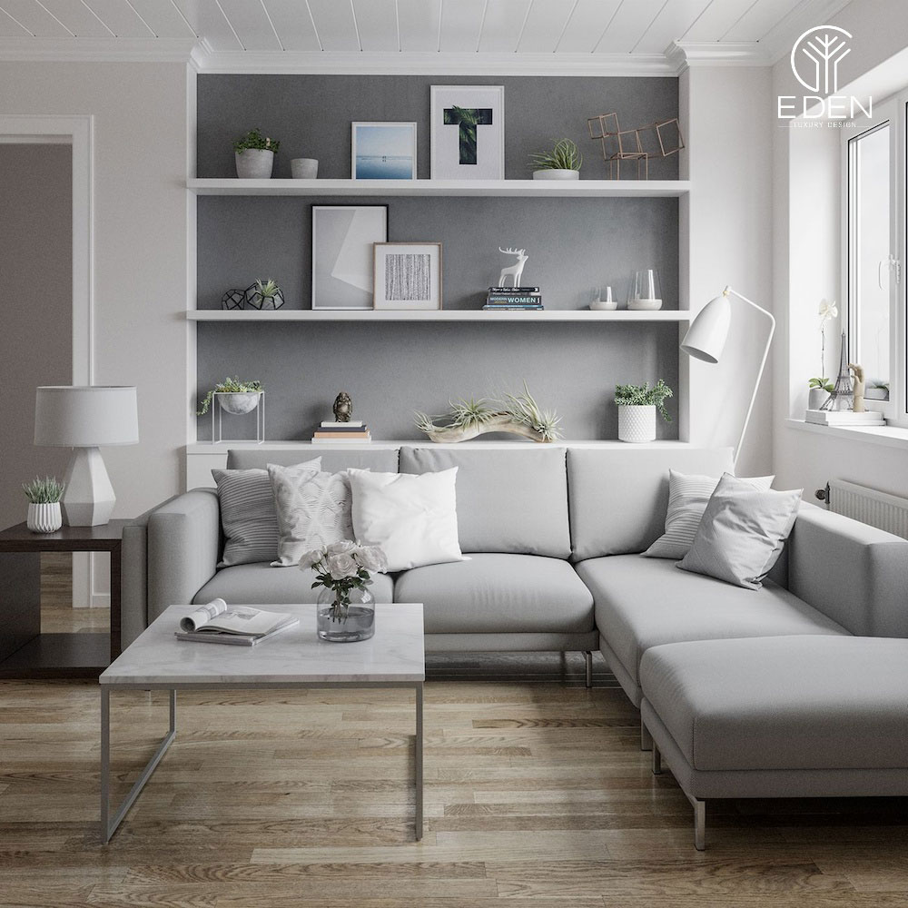 Sự kết hợp với một bộ sofa xám cực kỳ mềm mại trong phong cách Bắc âu cùng phòng khách màu xám trắng