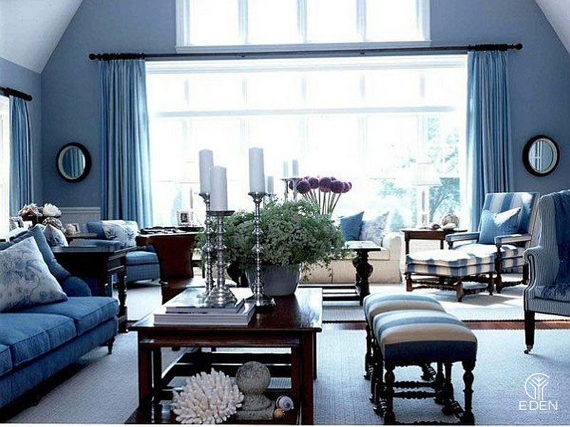 Trang trí phòng khách với tông màu chủ đạo màu xanh dương mẫu 6