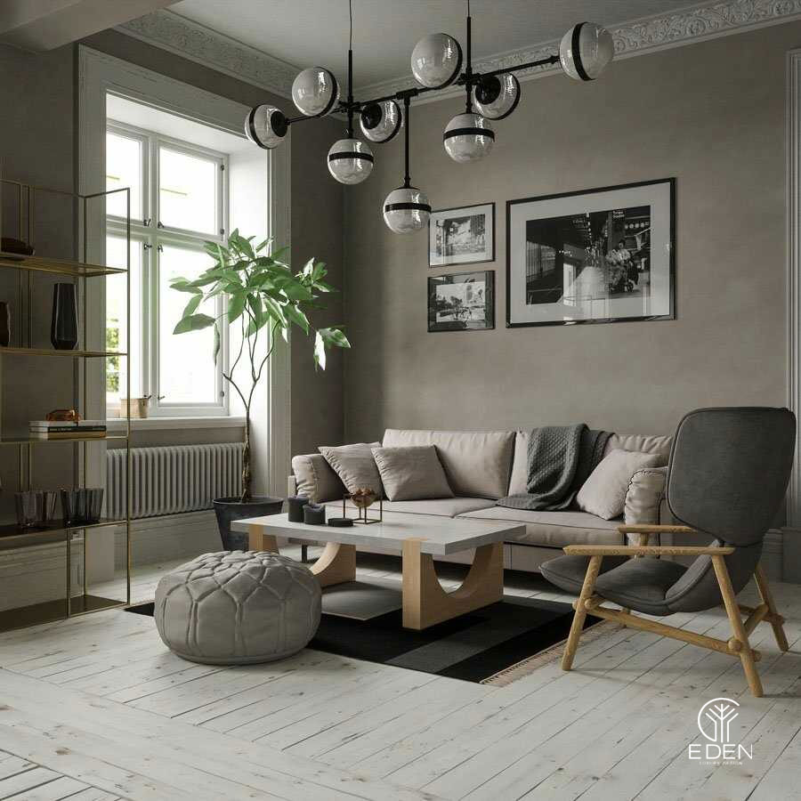 Thiết kế phòng khách phong cách scandinavian màu xám mẫu 2