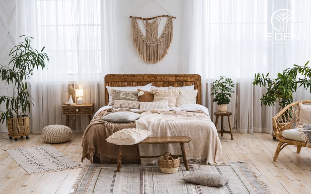 Phòng ngủ Vintage theo tone trắng - nâu hòa cùng với sắc xanh của cây cỏ