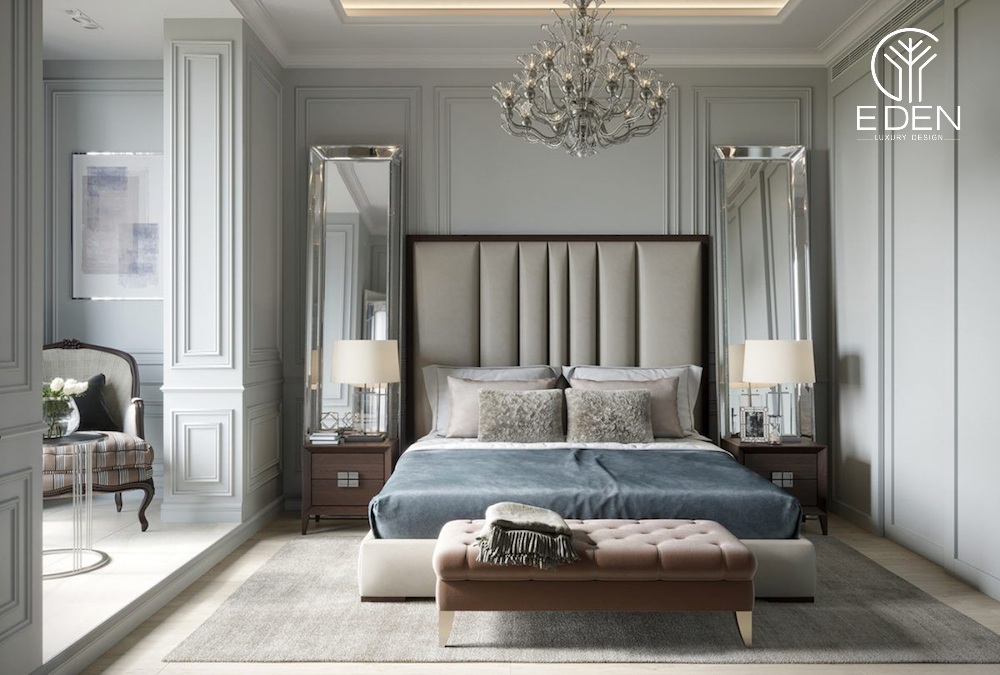 Phòng ngủ tân cổ điển với gam màu trung tính, cả gian phòng thể hiện rõ sự tinh tế và sang trọng