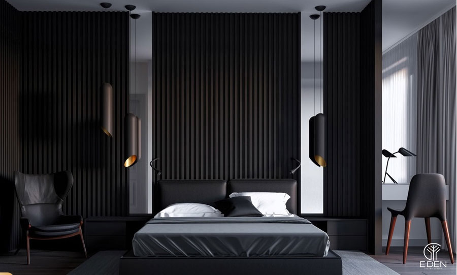 Phòng ngủ màu đen kết hợp với tranh treo tường cuốn hút