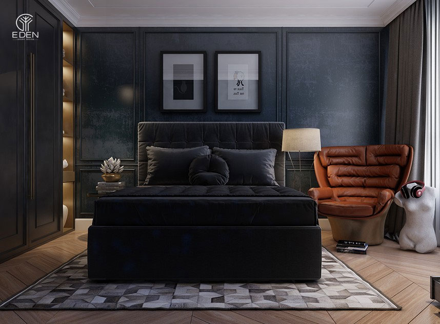 Phòng ngủ màu đen kết hợp với ánh sáng vàng tạo sự ấm cúng và dễ chịu