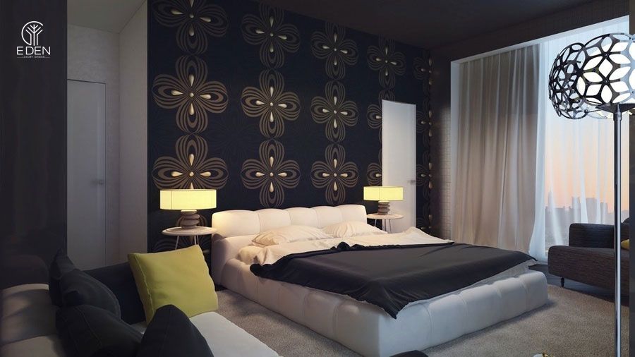 Phòng ngủ màu đen kết hợp với ánh sáng tạo sự thần bí cho căn phòng