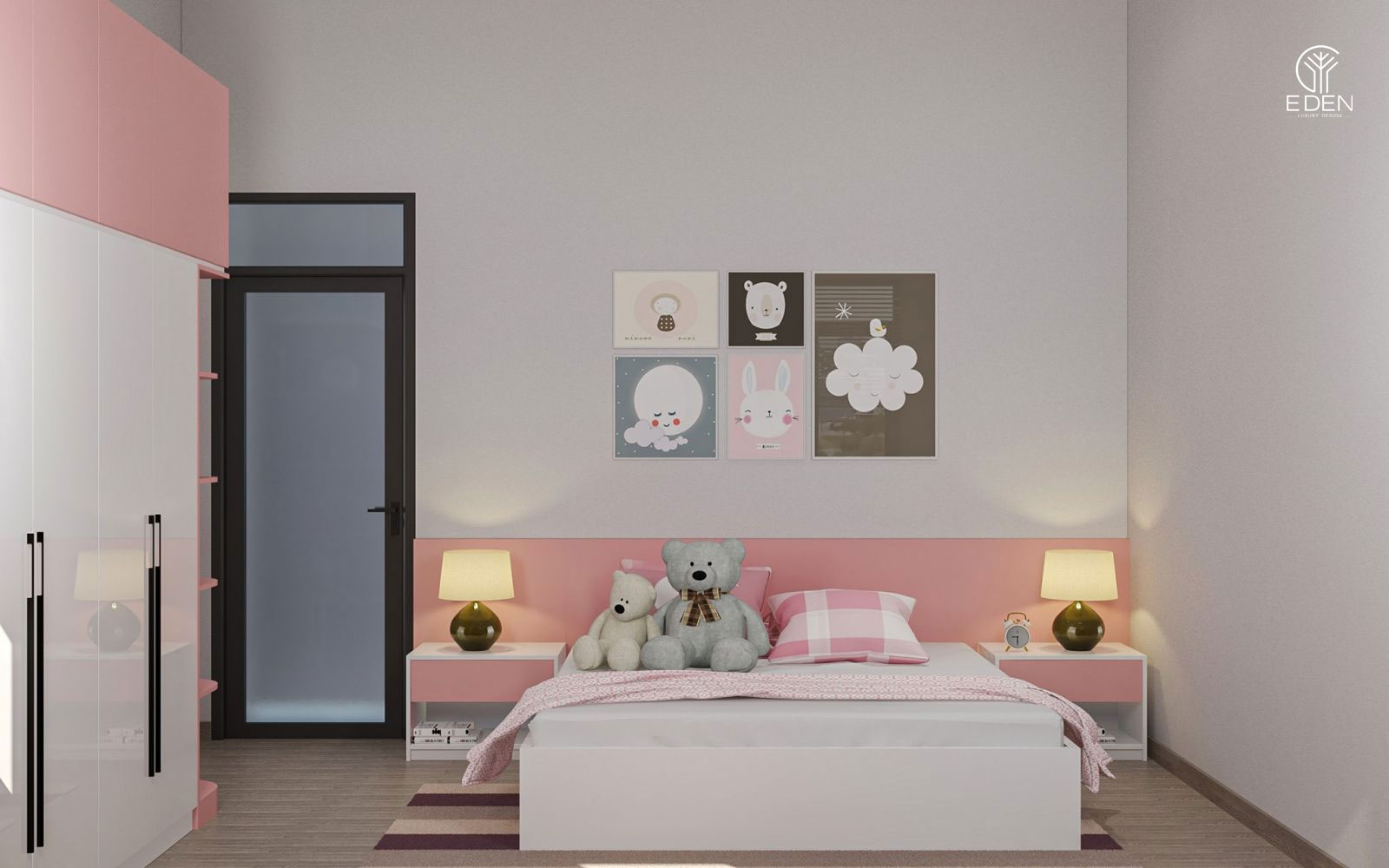 Phòng ngủ phối hợp màu trắng hồng và xám hình 3 