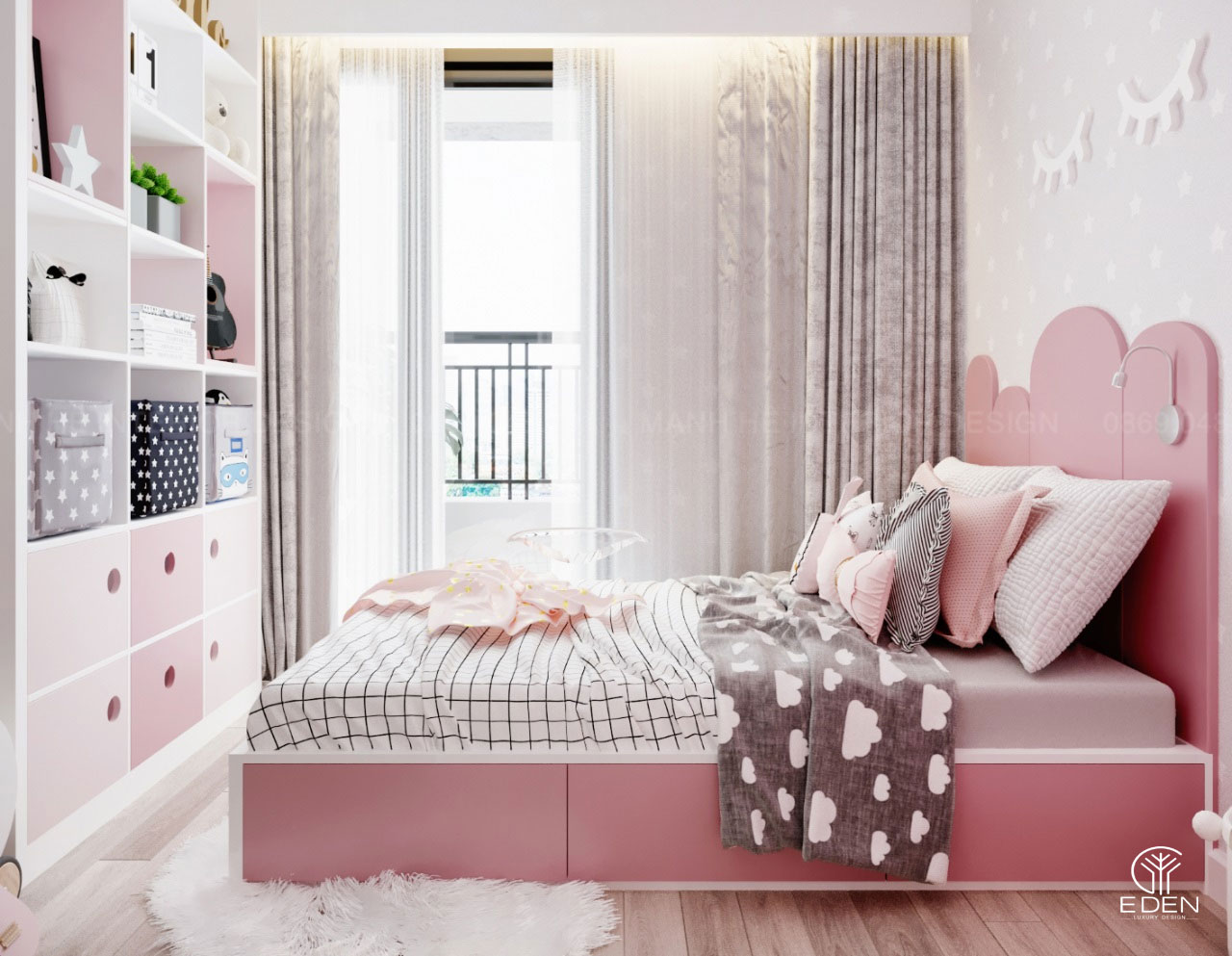Phòng ngủ thiết kế màu hồng cho con gái hình 5 