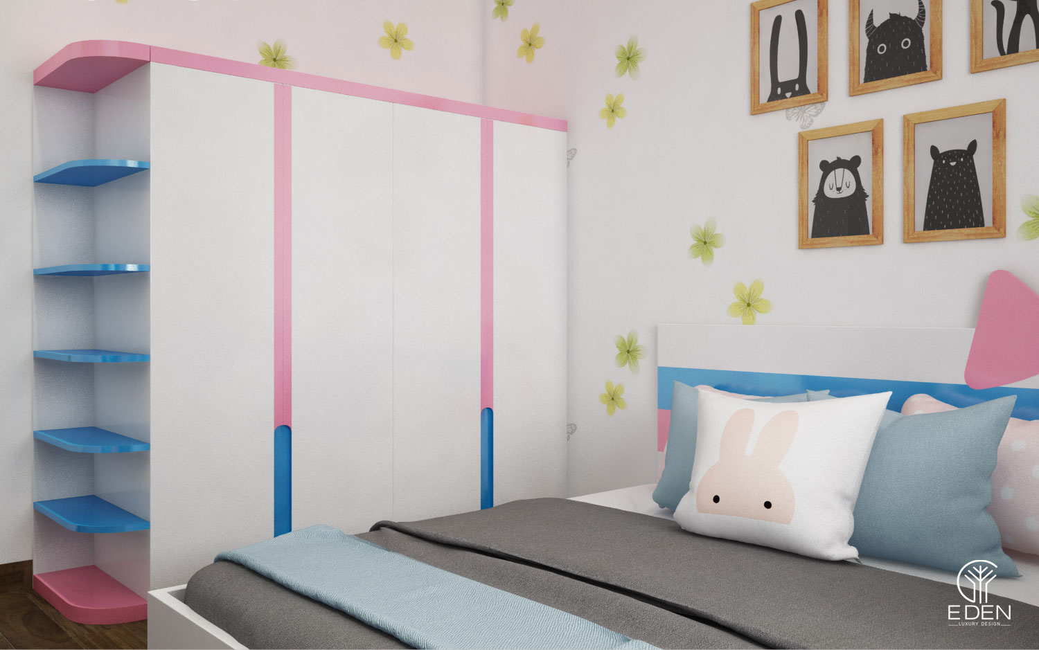 Phòng ngủ thiết kế màu hồng cho con gái hình 2 