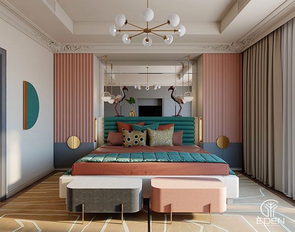 Thiết kế phòng ngủ màu hồng cam hình 1 