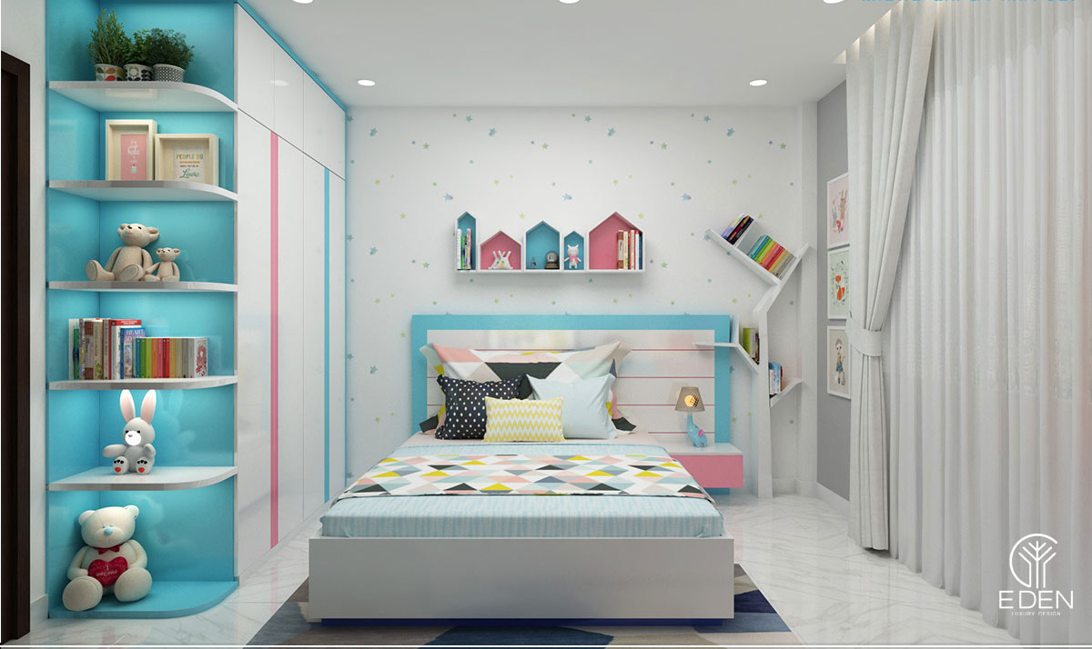 Phòng ngủ màu hồng kết hợp xanh dương hình 4 