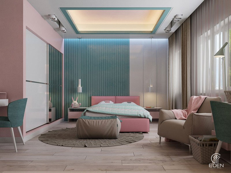 Phòng ngủ màu hồng kết hợp xanh dương hình 2 