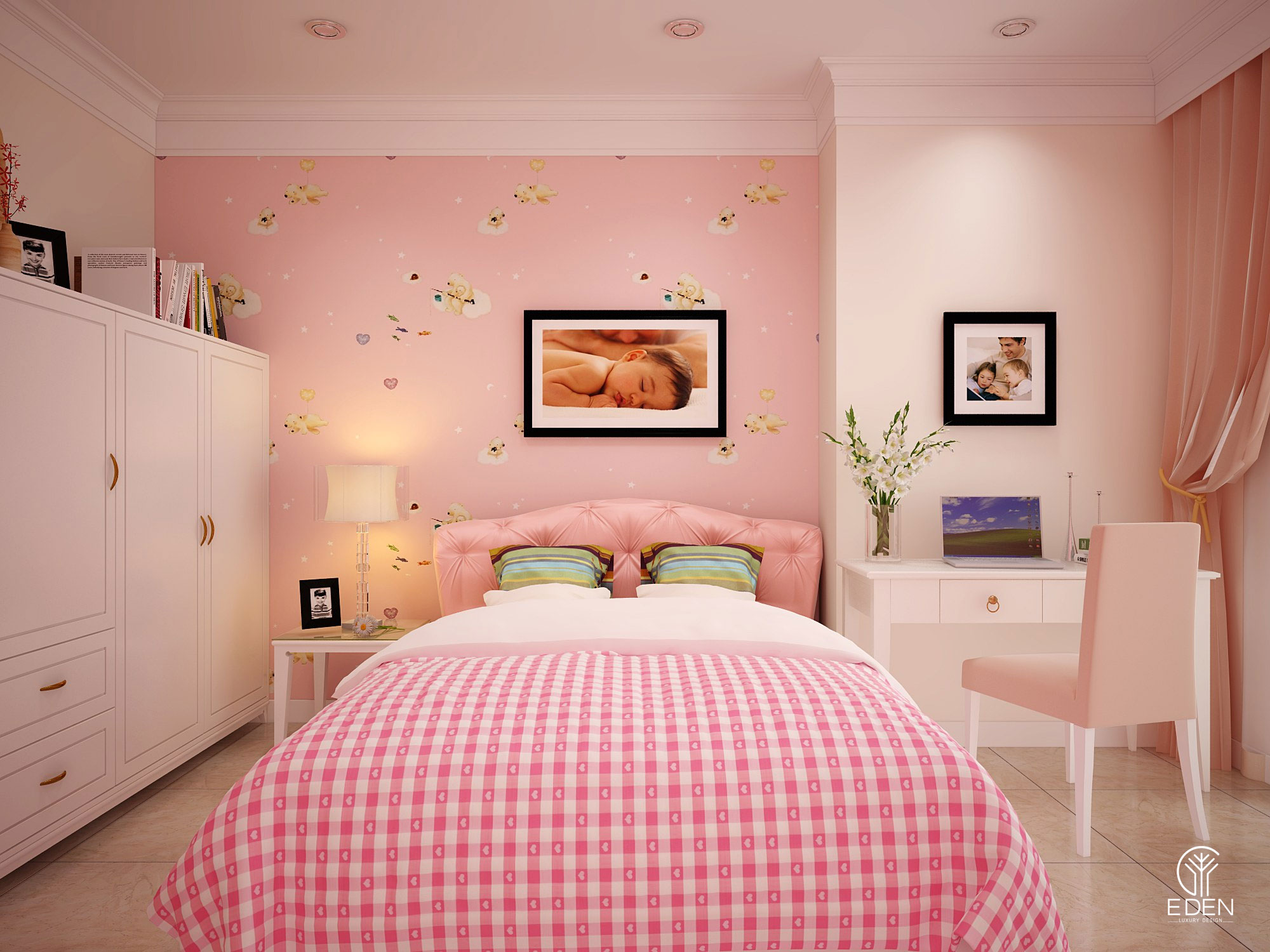 Phòng ngủ thiết kế màu hồng cho con gái hình 4 