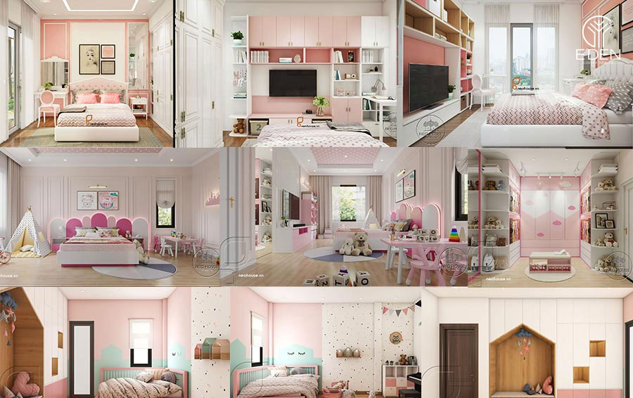 Thiết kế căn phòng ngủ màu hồng nội thất xanh cho bé hình 3