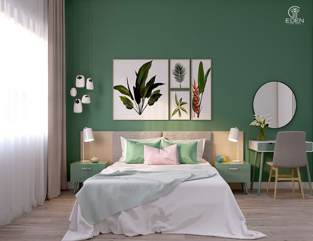 Phòng ngủ màu hồng kết hợp xanh lá cây hình 3 