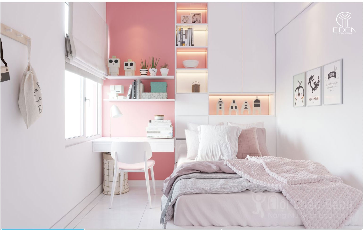 Thiết kế căn phòng ngủ màu hồng nội thất xanh cho bé hình 4 