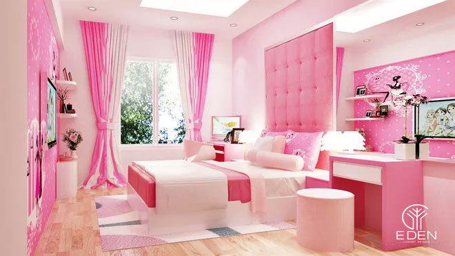 Phòng ngủ màu hồng đầy đủ tiện nghi hình 2 