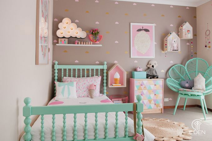 Thiết kế căn phòng ngủ màu hồng nội thất xanh cho bé hình 5 