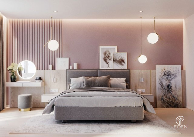 Phòng ngủ phối hợp màu trắng hồng và xám hình 2 