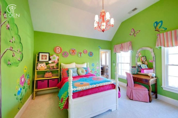 Phòng ngủ màu hồng kết hợp xanh lá cây hình 4 