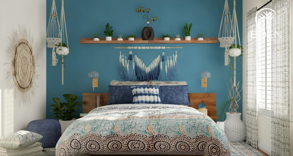 Phòng ngủ phong cách Bohemian màu xanh ngọc cực kỳ tao nhã