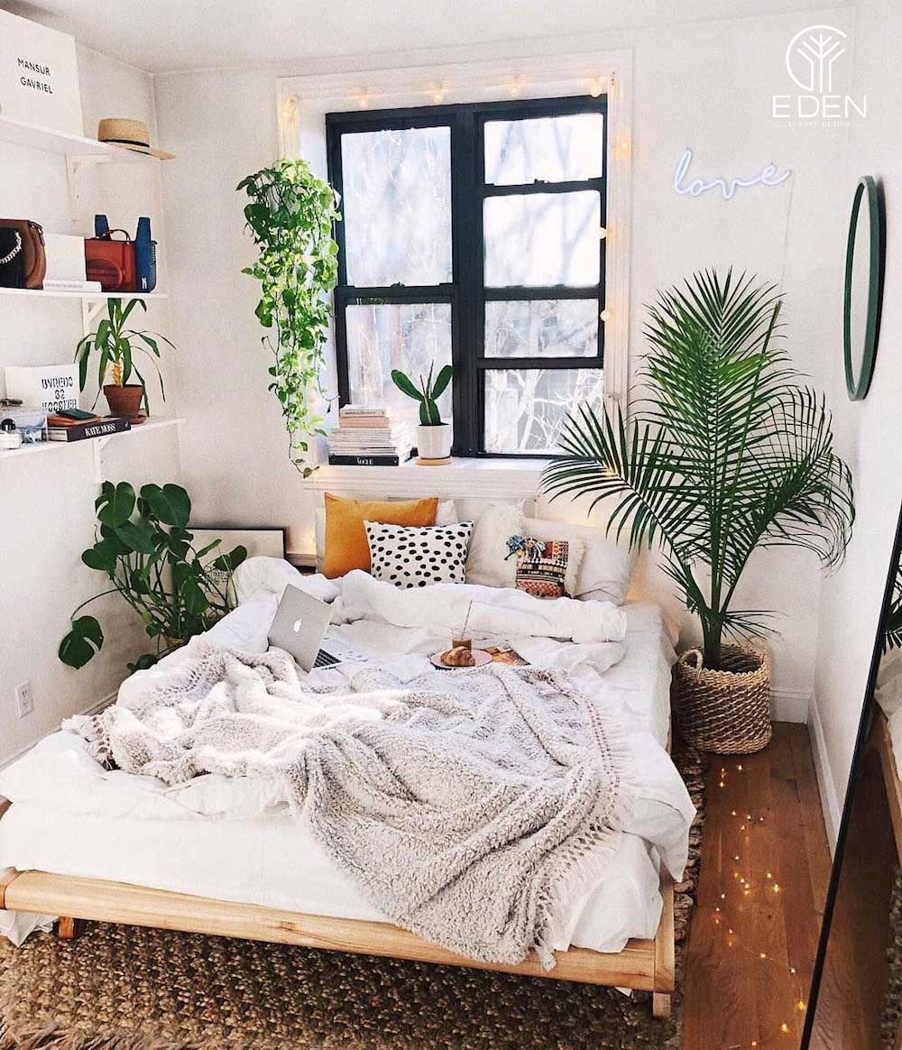 Một mẫu phòng ngủ phong cách Boho sử dụng thảm trải sàn có cách thiết kế độc đáo