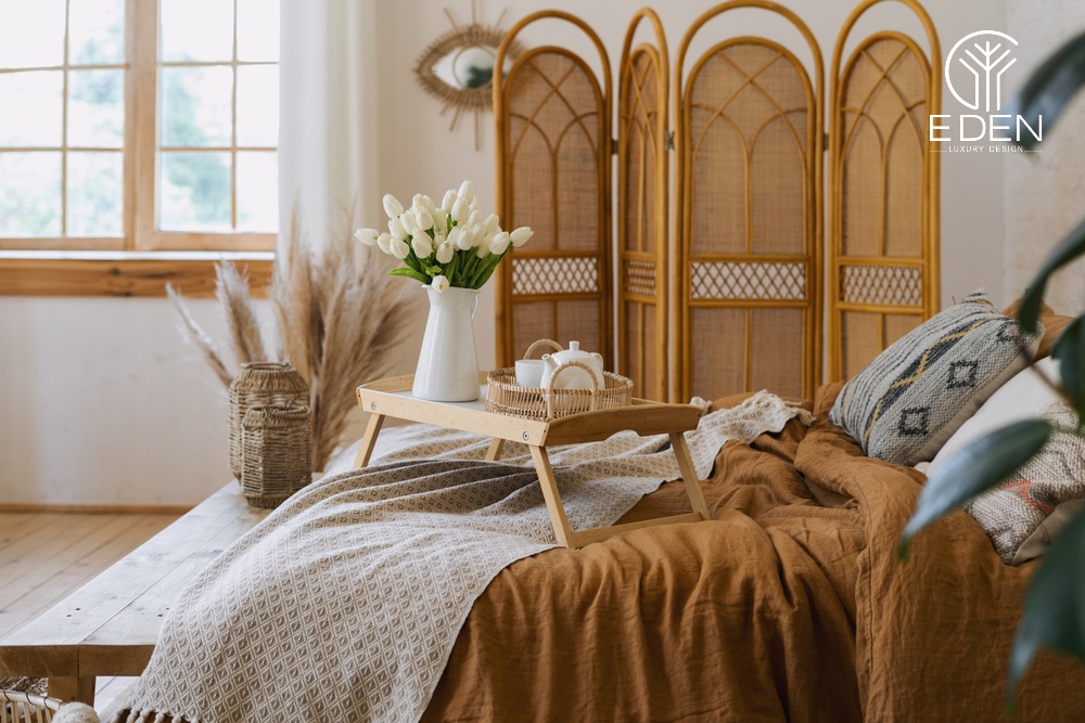 Phong cách thiết kế Boho Chic cho phòng ngủ sử dụng vật liệu thân thiện với môi trường