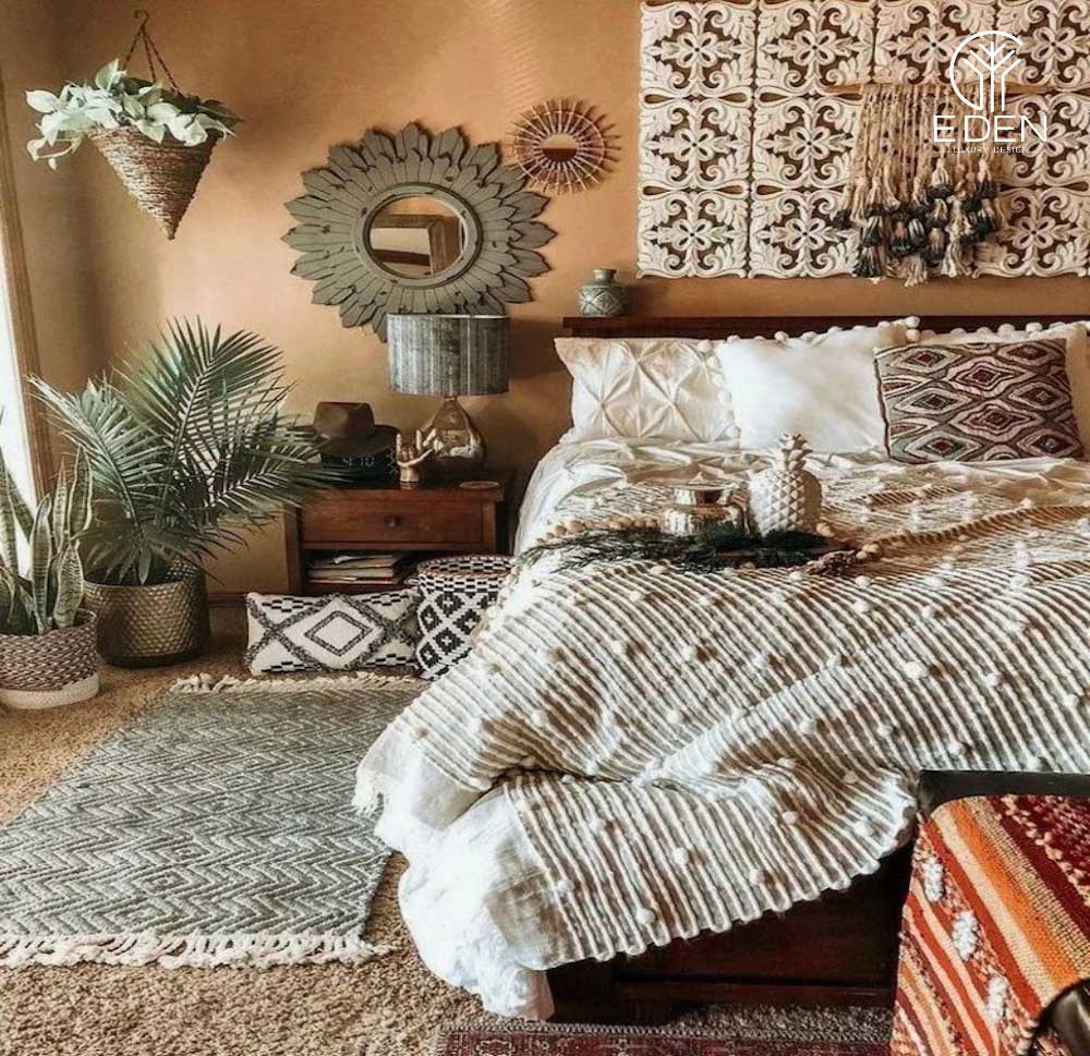 Chất liệu nội thất nổi bật của phòng ngủ phong cách Bohemian chính là vải, gỗ