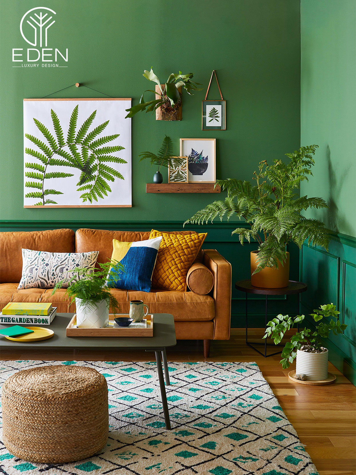 Decor phòng khách màu xanh lá hợp phong thủy