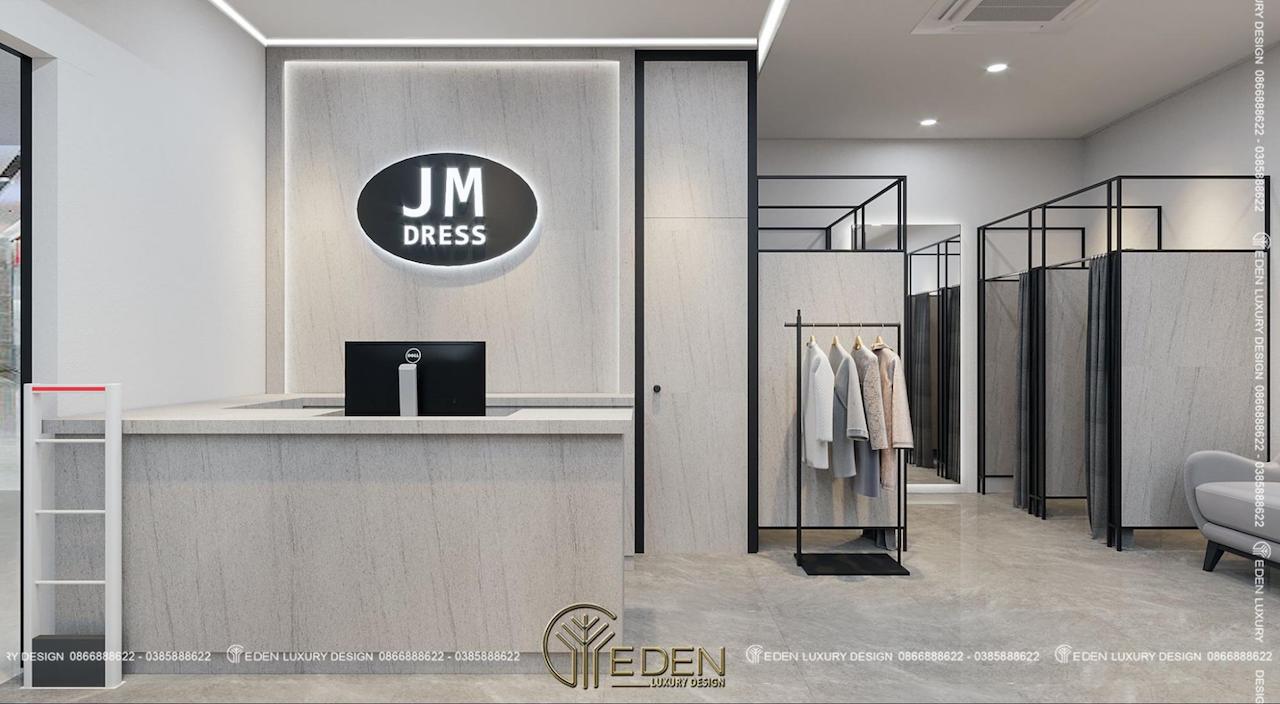 Mẫu 2 thiết kế nội thất shop quần áo JM - OCEAN PARK với khu vực quầy tính tiền và phòng thay đồ