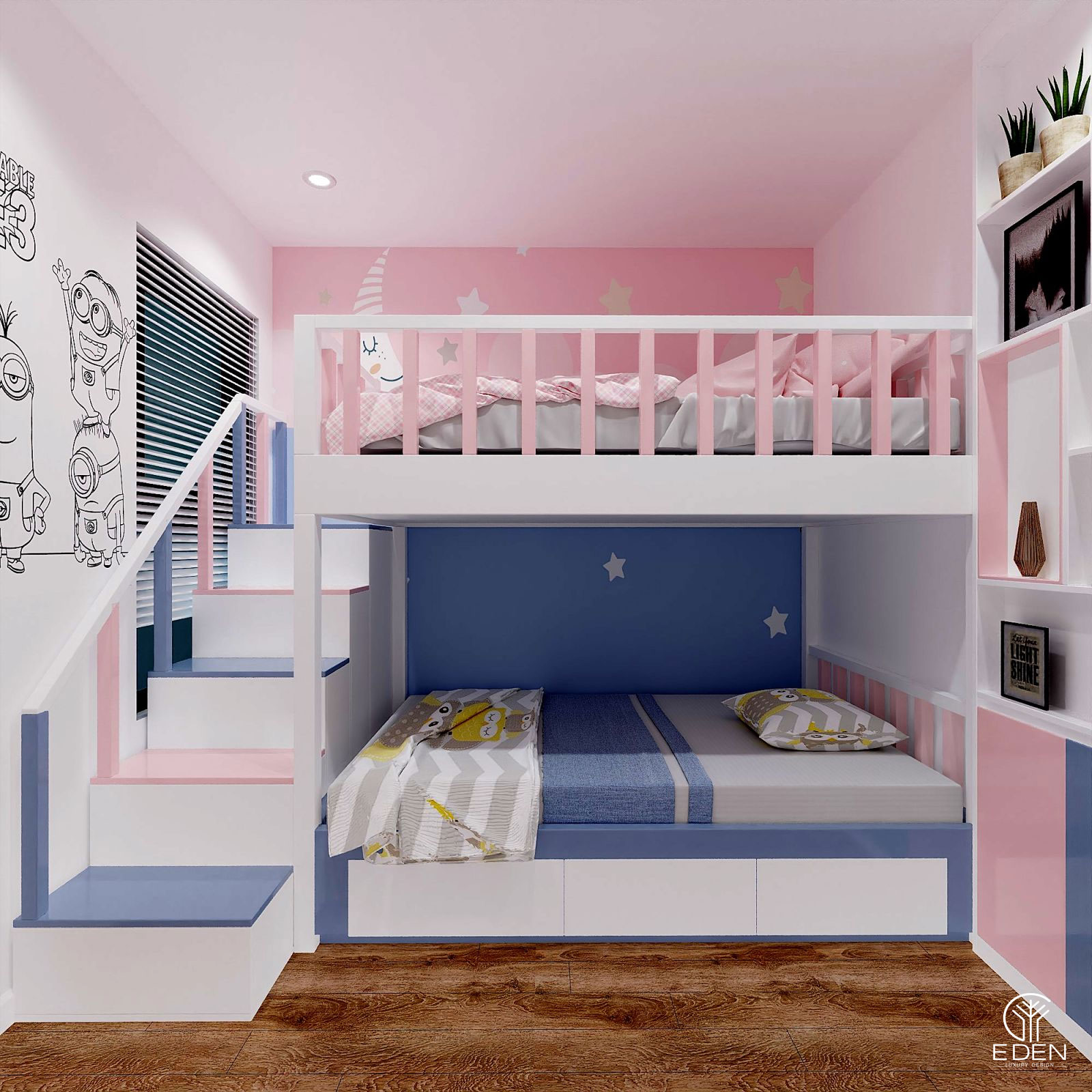 Phòng ngủ 12m2 bố trí giường tầng cho 2 bé đầy đủ tiện nghi nhất mẫu 3