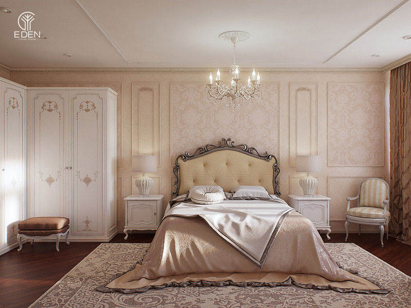 Không gian nội thất phòng ngủ theo phong cách thiết kế tân cổ điển 12m2 mẫu 1