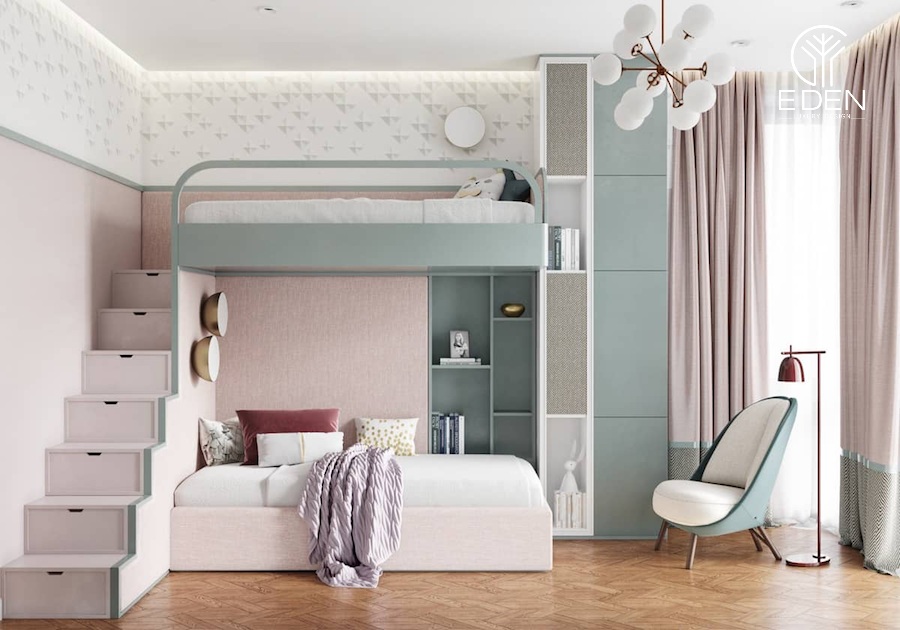 Mẫu 8: Phòng ngủ sử dụng bảng màu pastel là lựa chọn không tồi đối với thiết kế không gian nghỉ ngơi chung cho bố mẹ và con
