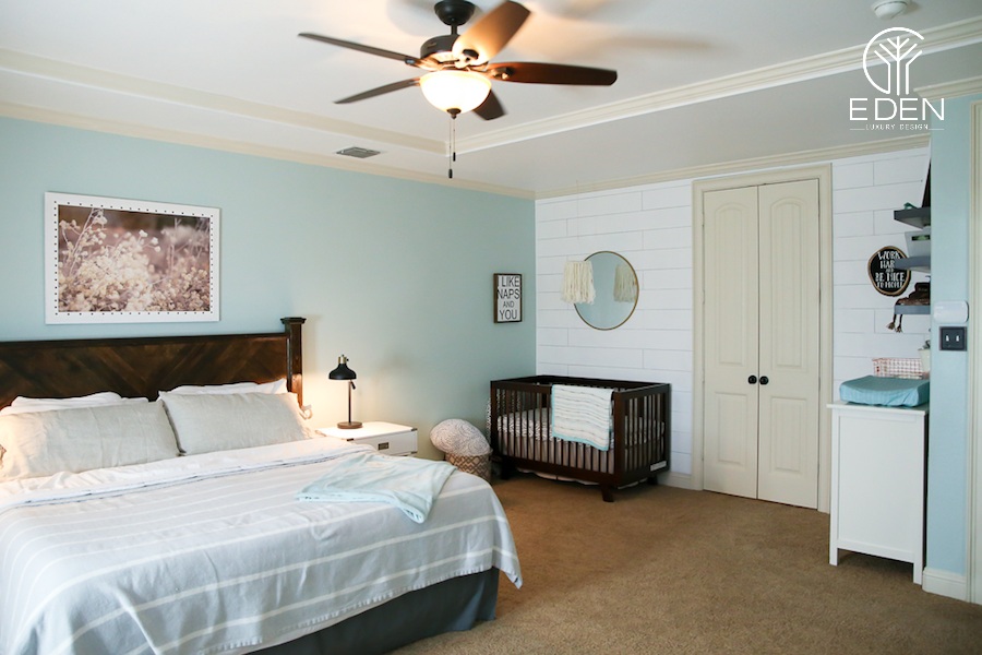 Mẫu 3: Phòng ngủ phối hợp hai màu xanh - trắng phù hợp cho cho phong cách của bố mẹ lẫn con cái