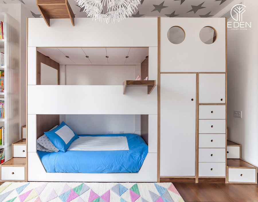 Mẫu 2: Phòng ngủ giường tầng sử dụng cầu thang làm nơi để đồ, tối ưu hóa không gian căn phòng
