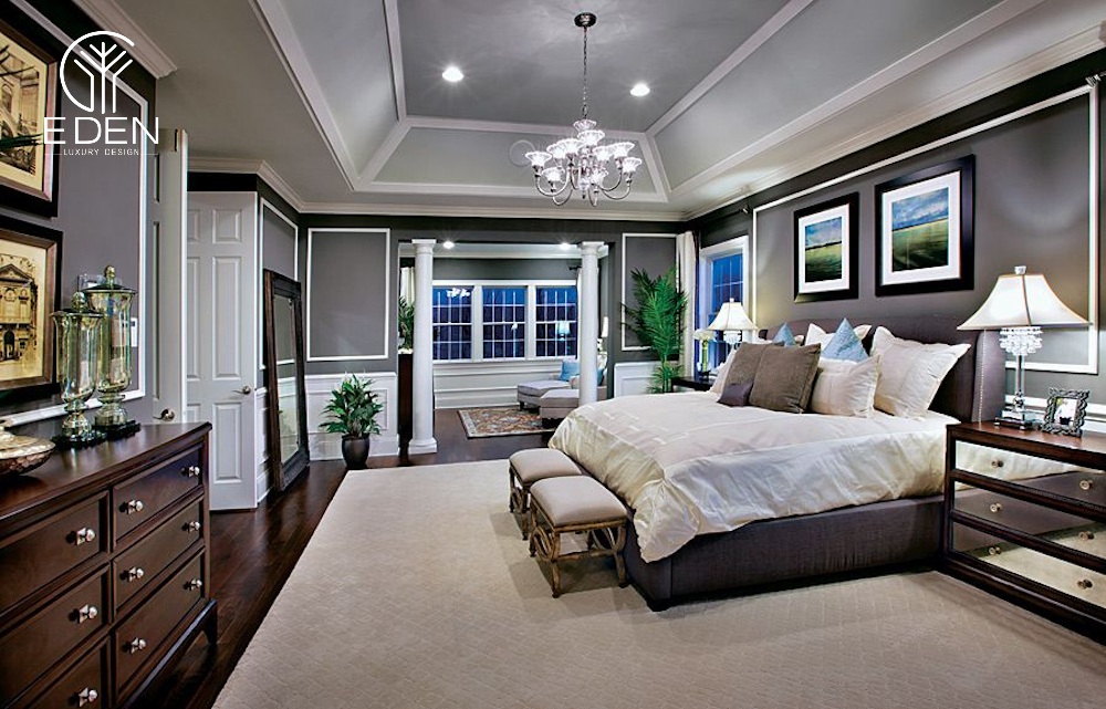Mẫu thiết kế phòng ngủ hình chữ nhật phong cách Luxury sử dụng tone xám hiện đại