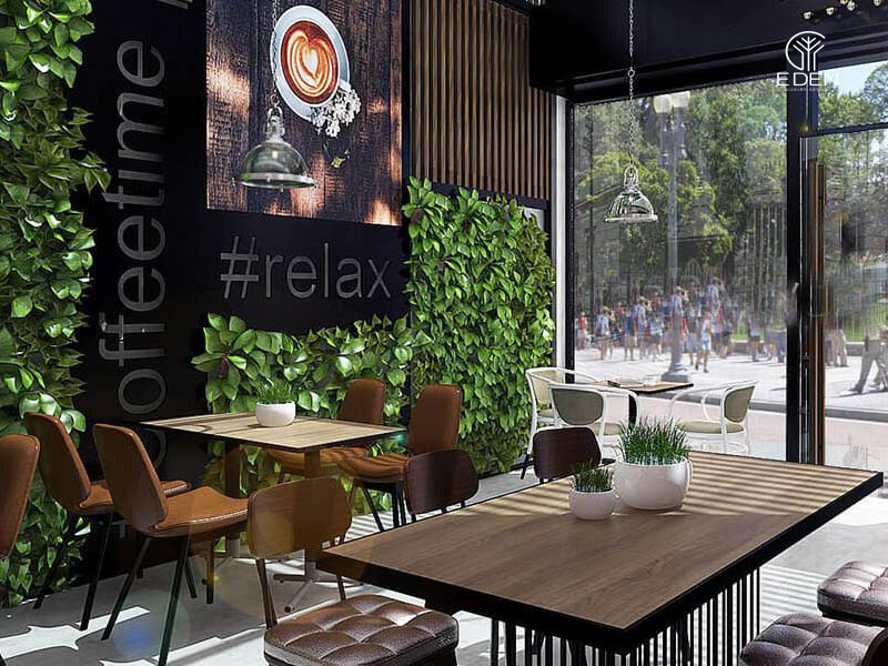 Thiết kế quán cafe ngang 4m kết hợp gỗ hình 2