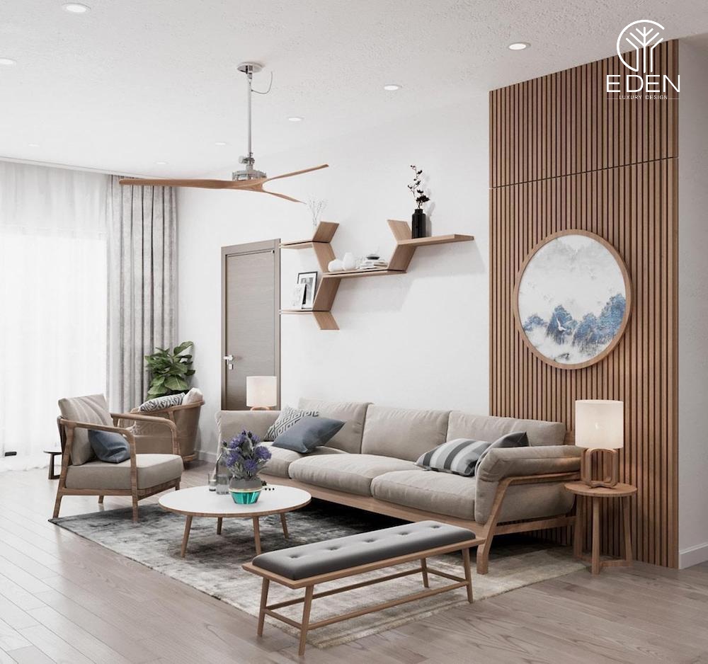 Phòng khách ấm áp với thiết kế bức tường lam gỗ thể hiện gu thẩm mỹ của chủ nhà