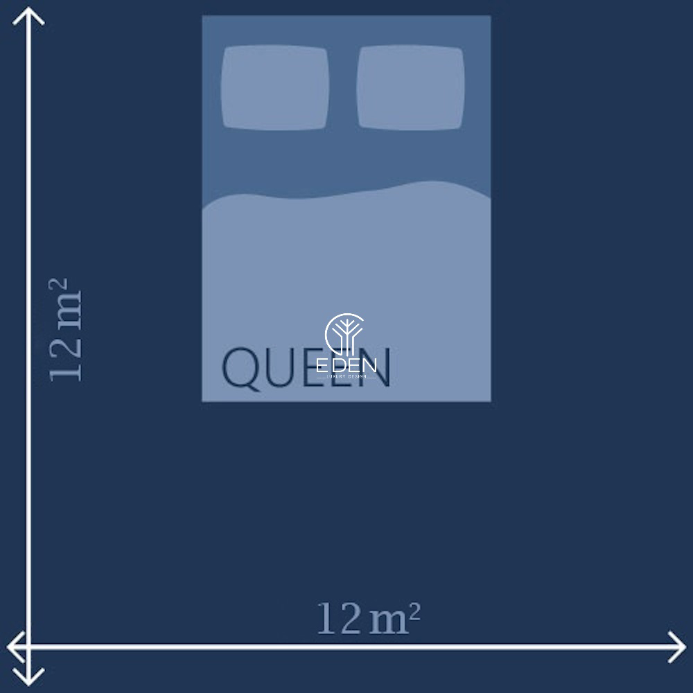 Giường ngủ Queen được bố trí trong phòng ngủ 12m2