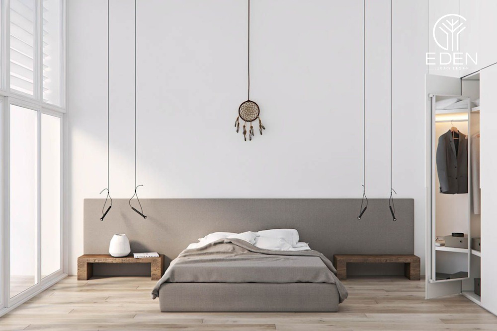 Phòng ngủ thiết kế đơn giản tạo điểm nhấn bằng đèn ngủ