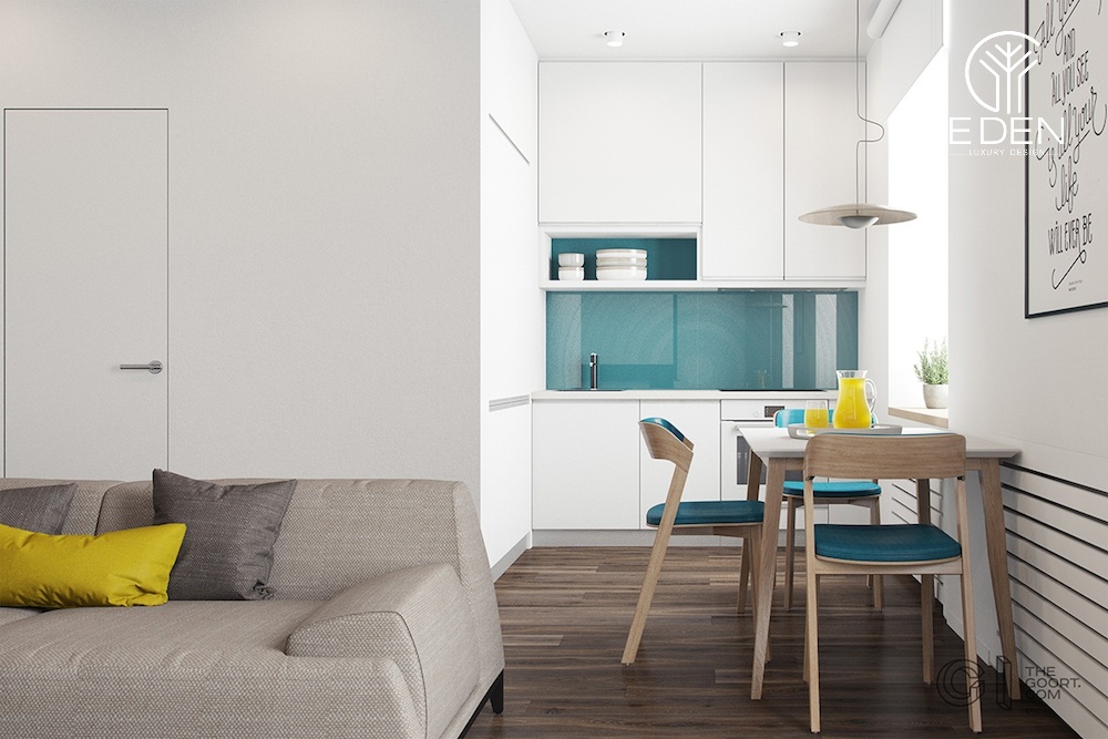 Sofa xám ghi luôn được ưu tiên trong thiết kế căn hộ chung cư 50m2 2 phòng ngủ