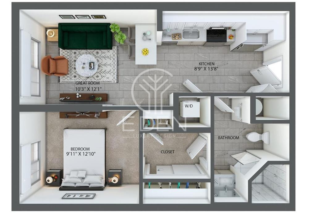 Bản vẽ 3D mô phỏng căn hộ chung cư 1 phòng ngủ hiện đại