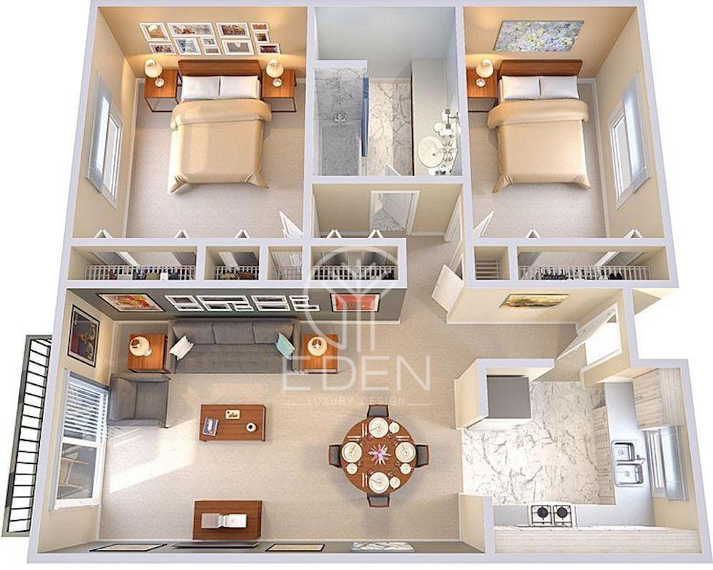 Bản vẽ 3D mô phòng chung cư 65m2 có 2 phòng ngủ tiện lợi
